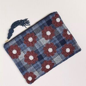 Anthropologie The Fiona Large Beaded Pouch Dark Florals Plaid Flower Bag NWT